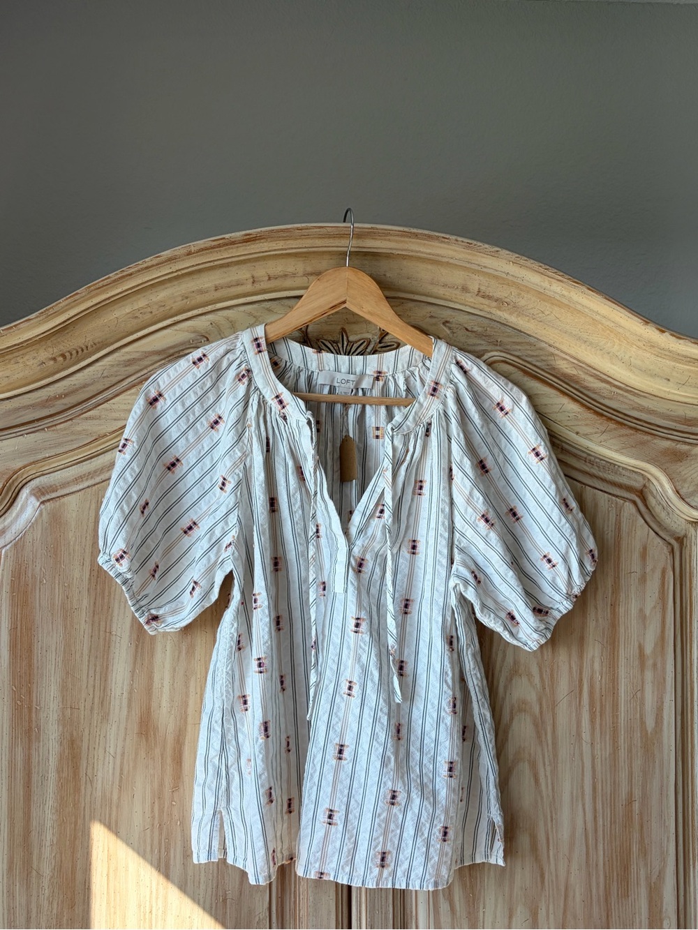 Loft Boho Puff Sleeve Stripe Aztec Blouse Size Small 100% Cotton Top